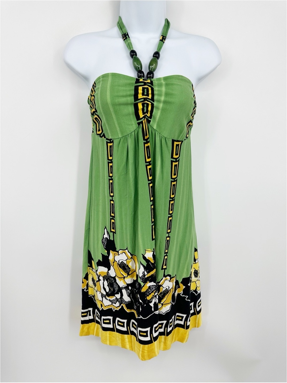 Vintage Y2K Green Floral Halter Mini Dress Size Small Boho Fairycore
